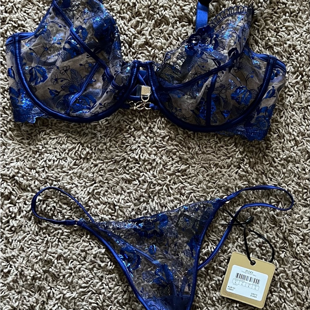 Honey Birdette Blue Floral Lace Bra Set